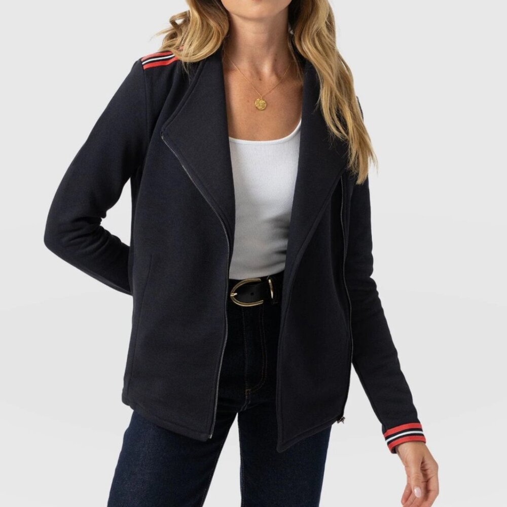 Women's Black Bomber Jacket with Red Stripe Detail